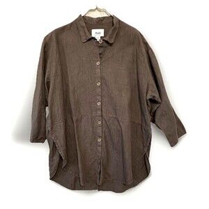 FLAX Shirt Top 100% Linen Button Medium, Split Sides Tail Long Cut Natural Fiber
